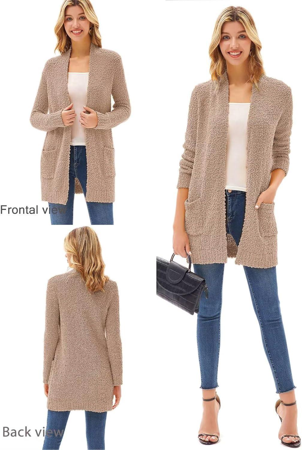 imageGRACE KARIN Long Cardigan Sweaters for Women Open Front Fuzzy Winter Coat Chunky Knit Winter Clothing with PocketsMid Camel