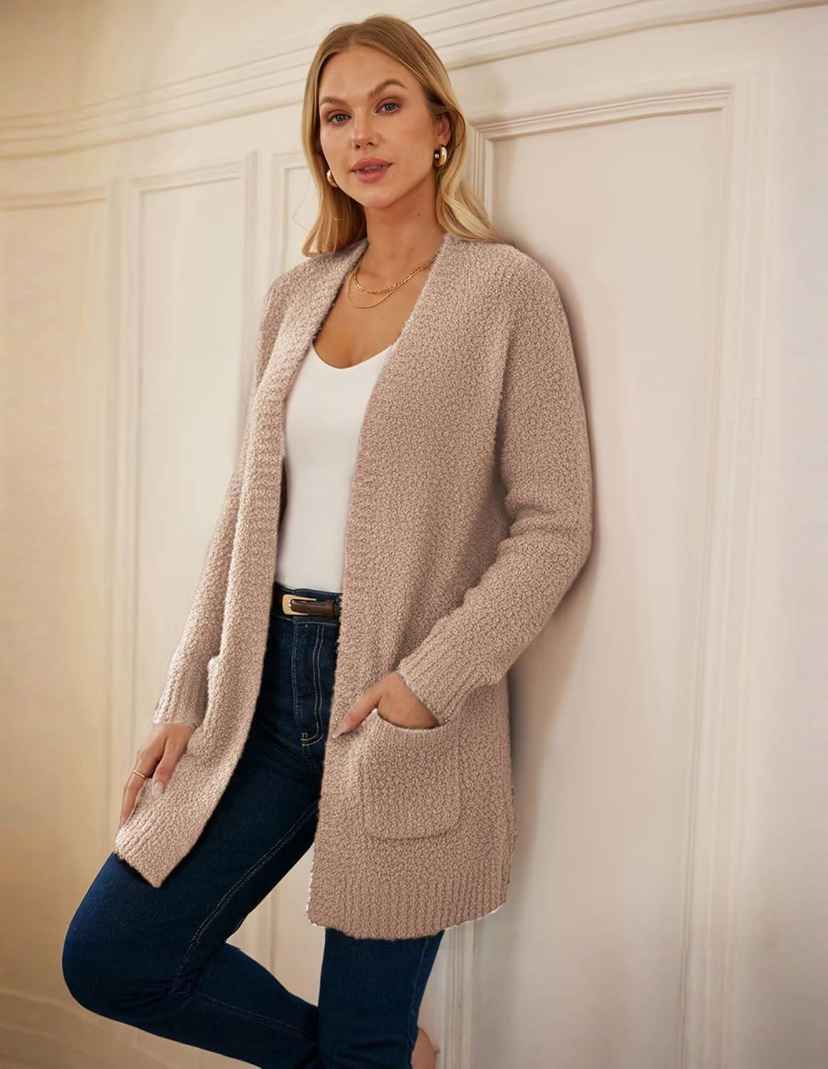 imageGRACE KARIN Long Cardigan Sweaters for Women Open Front Fuzzy Winter Coat Chunky Knit Winter Clothing with PocketsMid Camel