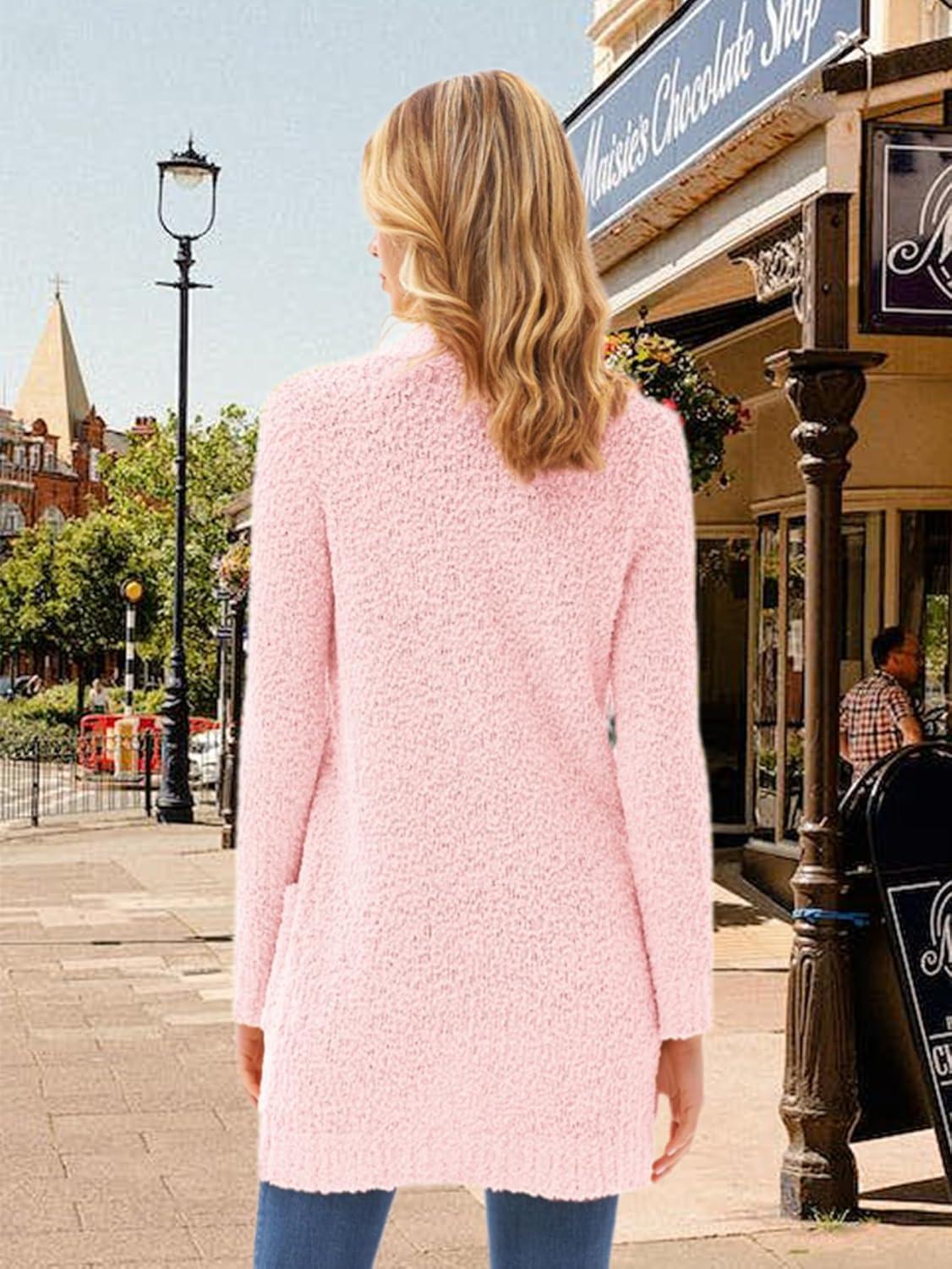 imageGRACE KARIN Long Cardigan Sweaters for Women Open Front Fuzzy Winter Coat Chunky Knit Winter Clothing with PocketsPink