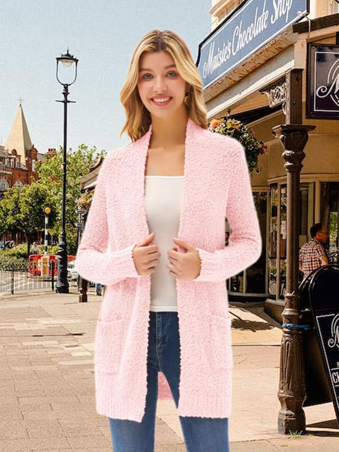 imageGRACE KARIN Long Cardigan Sweaters for Women Open Front Fuzzy Winter Coat Chunky Knit Winter Clothing with PocketsPink