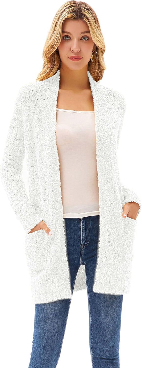 imageGRACE KARIN Long Cardigan Sweaters for Women Open Front Fuzzy Winter Coat Chunky Knit Winter Clothing with PocketsWhite