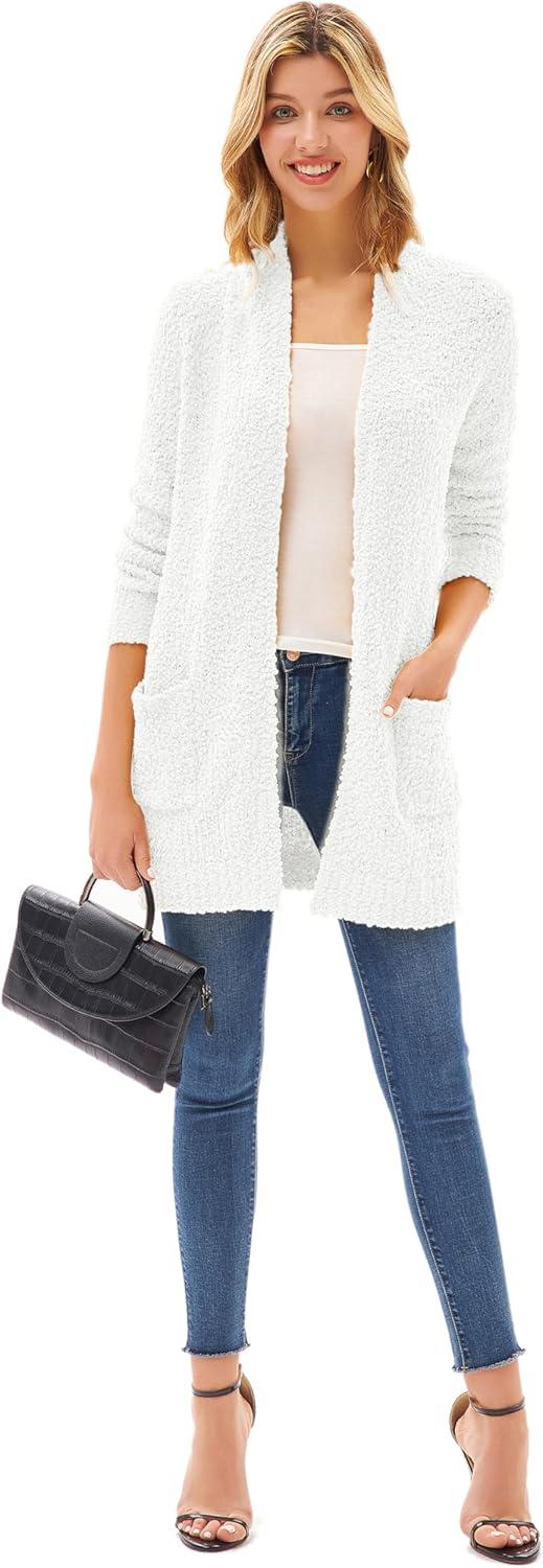 imageGRACE KARIN Long Cardigan Sweaters for Women Open Front Fuzzy Winter Coat Chunky Knit Winter Clothing with PocketsWhite