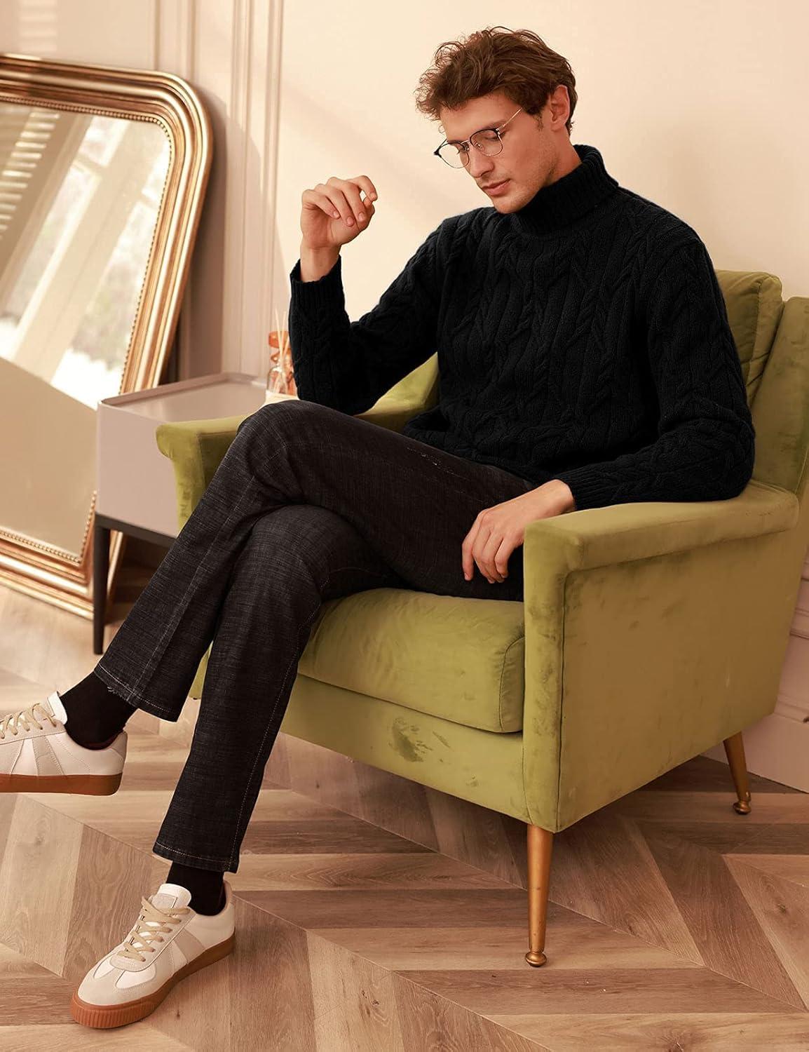imageGRACE KARIN Men Turtleneck Sweater Long Sleeve Cable Knit Sweaters Slim Fit Mock Neck Twisted PulloverBlack