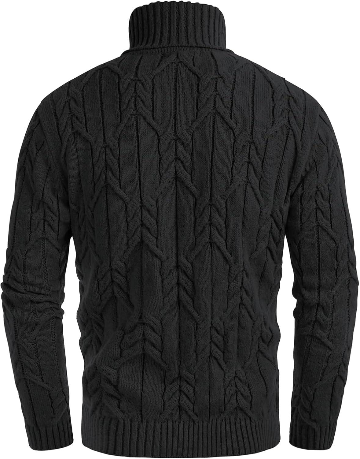 imageGRACE KARIN Men Turtleneck Sweater Long Sleeve Cable Knit Sweaters Slim Fit Mock Neck Twisted PulloverBlack