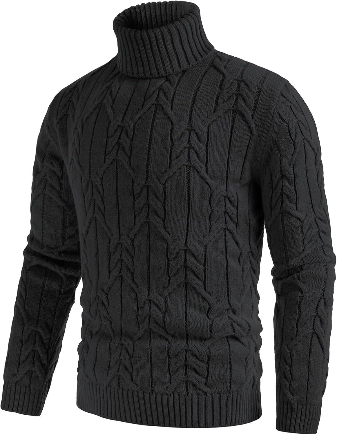 imageGRACE KARIN Men Turtleneck Sweater Long Sleeve Cable Knit Sweaters Slim Fit Mock Neck Twisted PulloverBlack