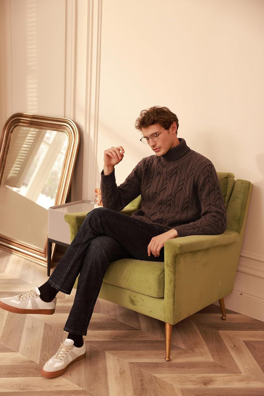 imageGRACE KARIN Men Turtleneck Sweater Long Sleeve Cable Knit Sweaters Slim Fit Mock Neck Twisted PulloverBrown