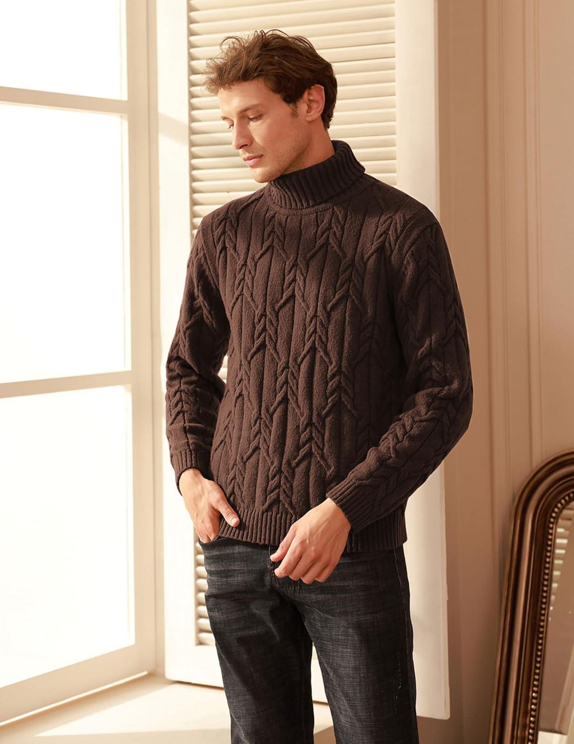 imageGRACE KARIN Men Turtleneck Sweater Long Sleeve Cable Knit Sweaters Slim Fit Mock Neck Twisted PulloverBrown
