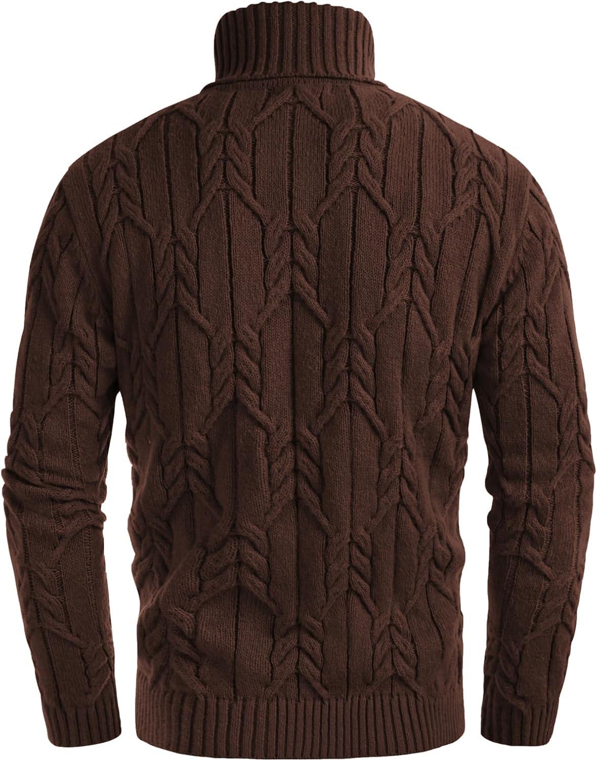 imageGRACE KARIN Men Turtleneck Sweater Long Sleeve Cable Knit Sweaters Slim Fit Mock Neck Twisted PulloverBrown