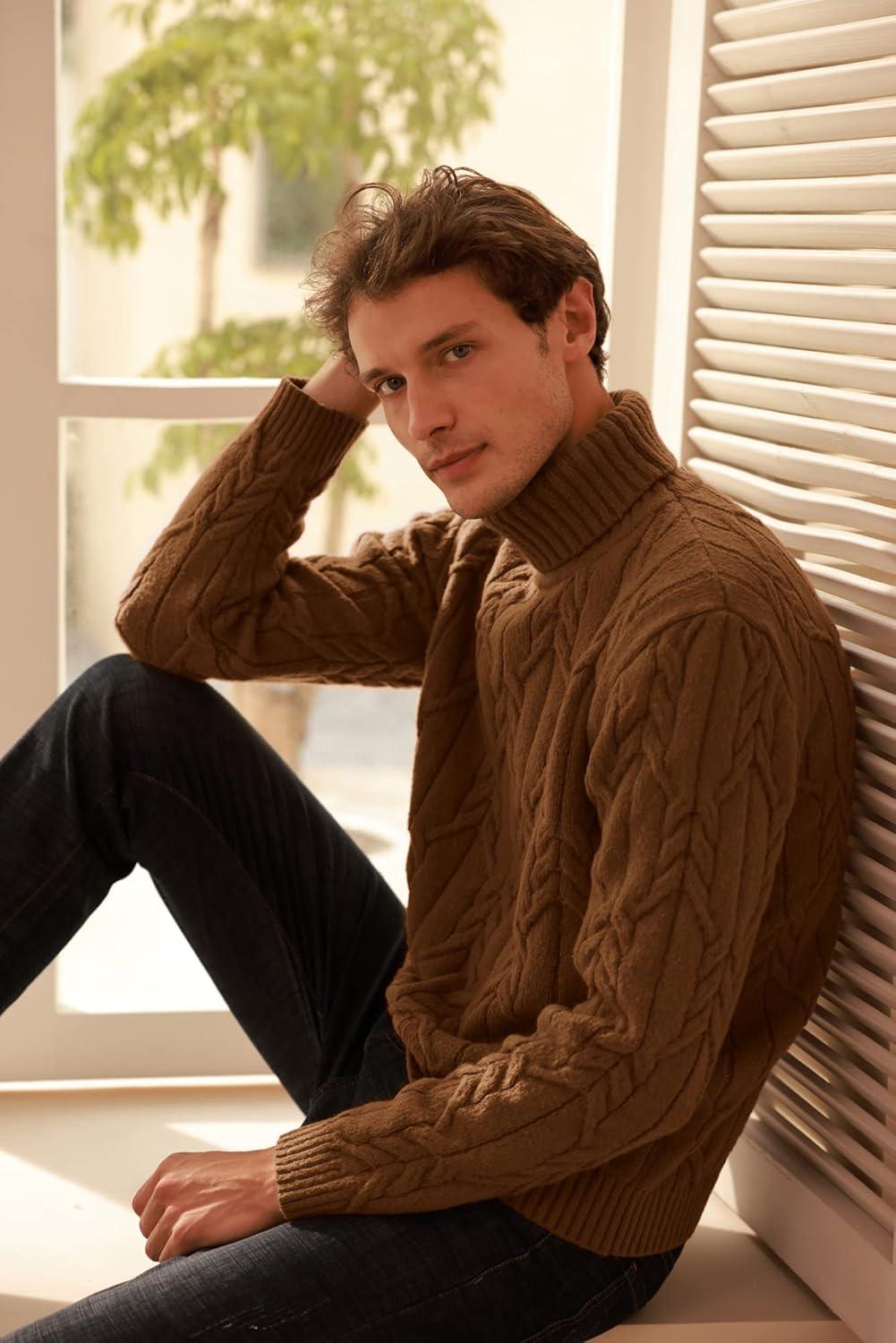imageGRACE KARIN Men Turtleneck Sweater Long Sleeve Cable Knit Sweaters Slim Fit Mock Neck Twisted PulloverCoffee