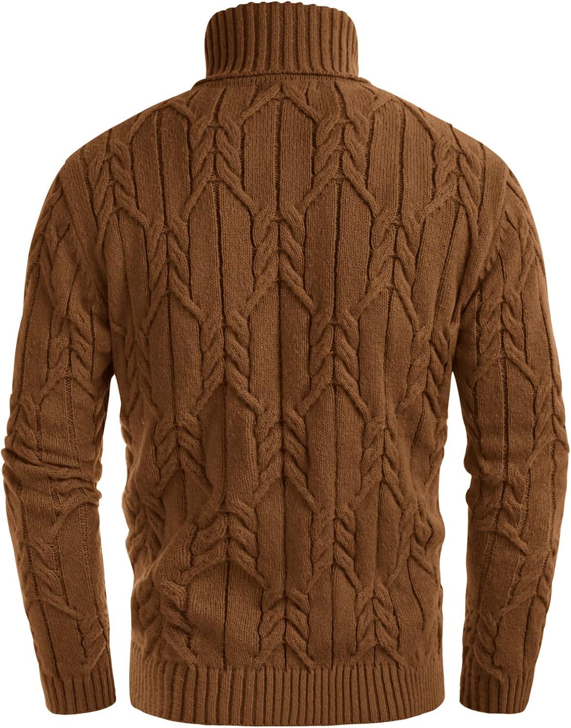 imageGRACE KARIN Men Turtleneck Sweater Long Sleeve Cable Knit Sweaters Slim Fit Mock Neck Twisted PulloverCoffee