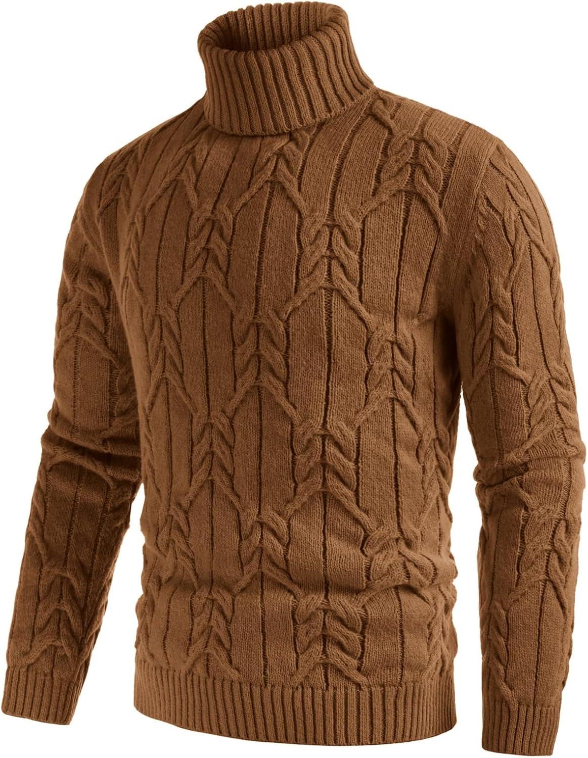imageGRACE KARIN Men Turtleneck Sweater Long Sleeve Cable Knit Sweaters Slim Fit Mock Neck Twisted PulloverCoffee