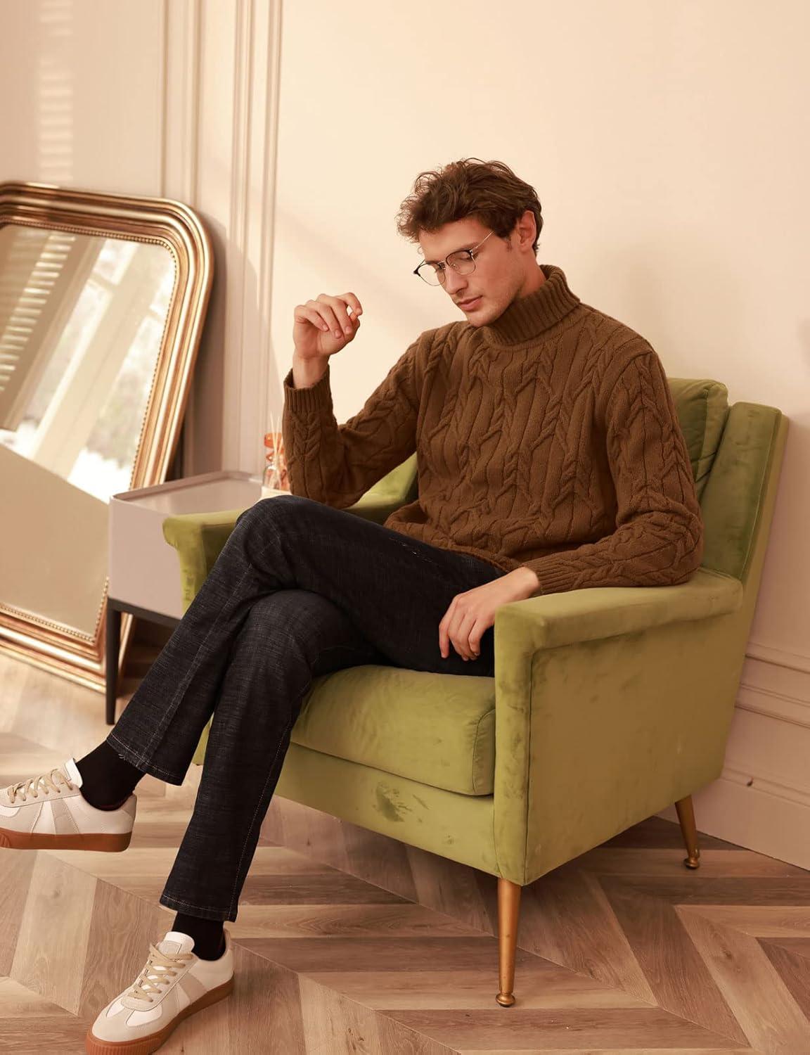 imageGRACE KARIN Men Turtleneck Sweater Long Sleeve Cable Knit Sweaters Slim Fit Mock Neck Twisted PulloverCoffee