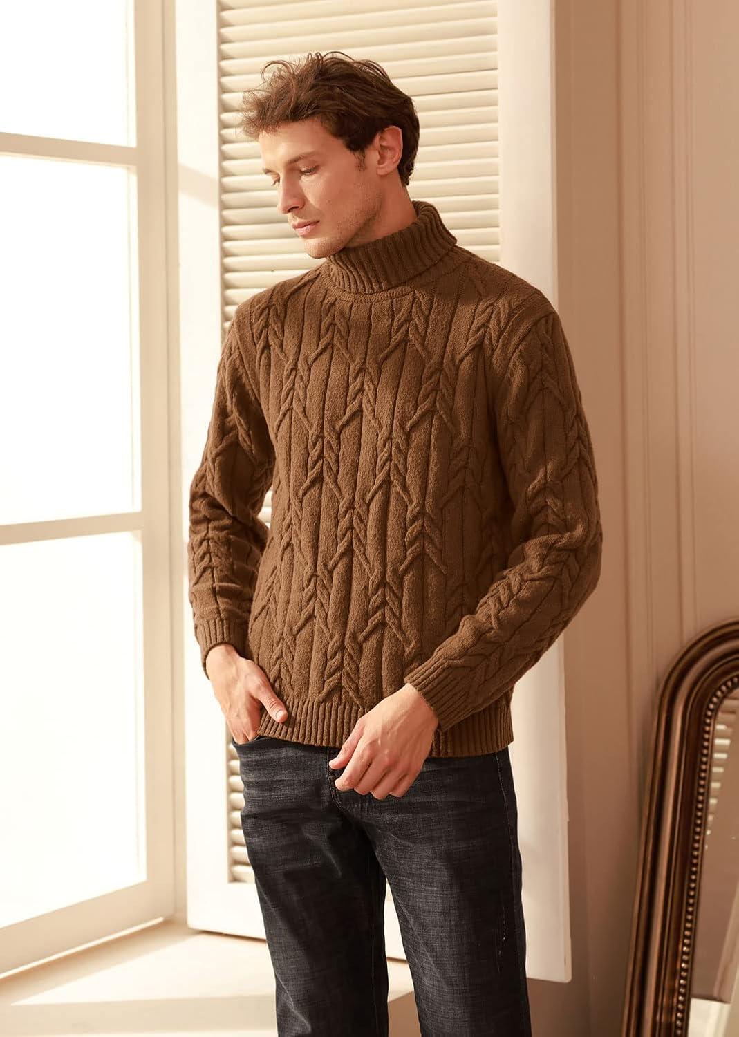 imageGRACE KARIN Men Turtleneck Sweater Long Sleeve Cable Knit Sweaters Slim Fit Mock Neck Twisted PulloverCoffee