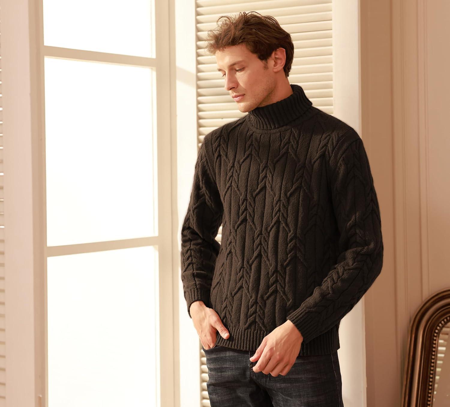 imageGRACE KARIN Men Turtleneck Sweater Long Sleeve Cable Knit Sweaters Slim Fit Mock Neck Twisted PulloverDark Coffee