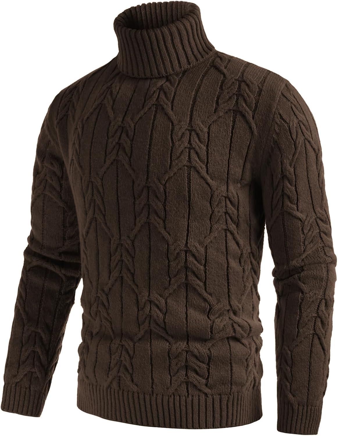 imageGRACE KARIN Men Turtleneck Sweater Long Sleeve Cable Knit Sweaters Slim Fit Mock Neck Twisted PulloverDark Coffee