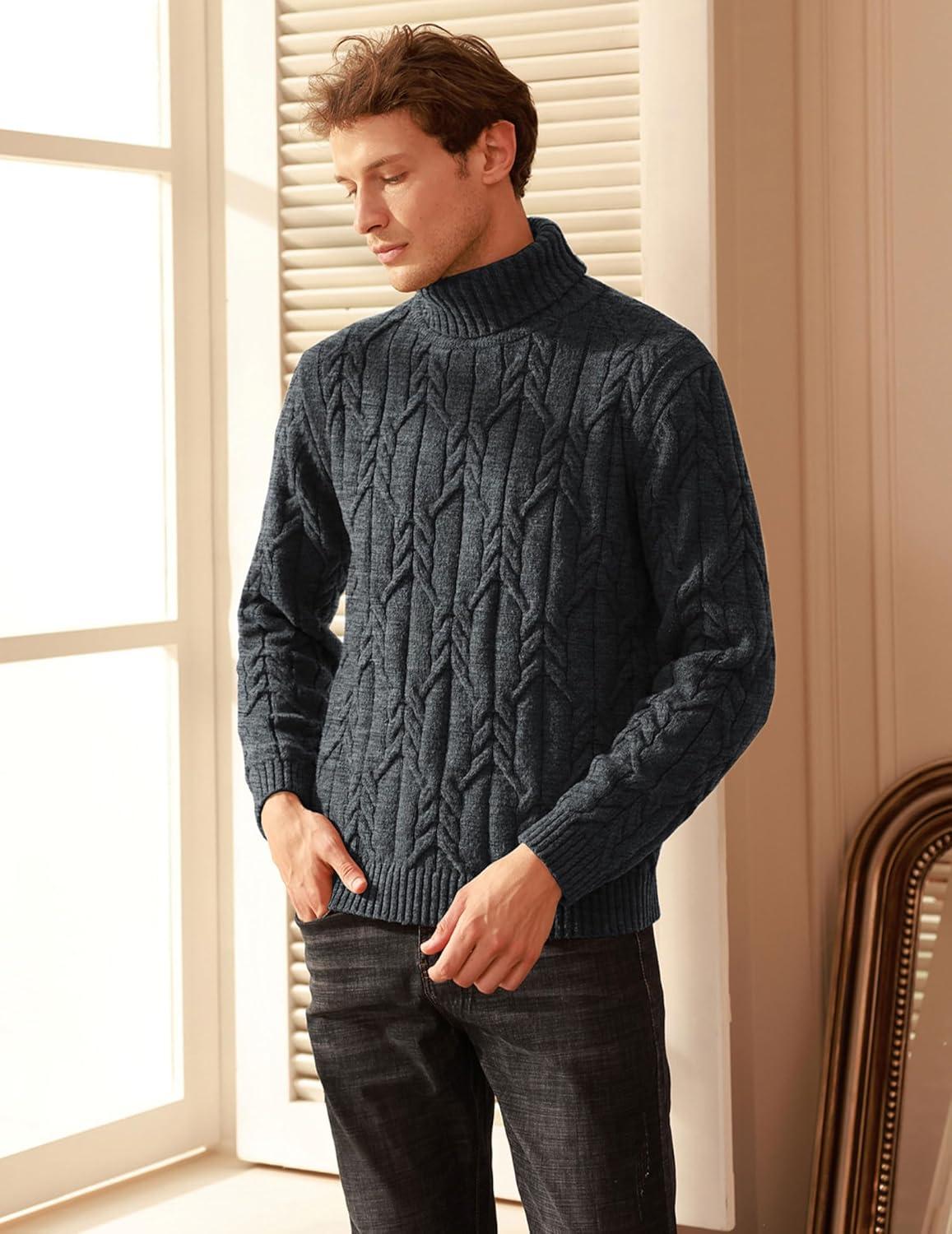 imageGRACE KARIN Men Turtleneck Sweater Long Sleeve Cable Knit Sweaters Slim Fit Mock Neck Twisted PulloverDark Gray