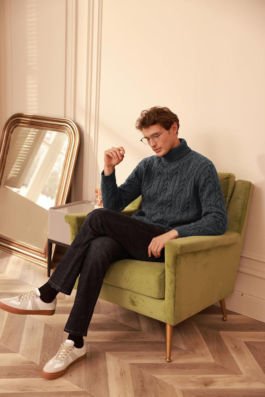 imageGRACE KARIN Men Turtleneck Sweater Long Sleeve Cable Knit Sweaters Slim Fit Mock Neck Twisted PulloverDark Gray