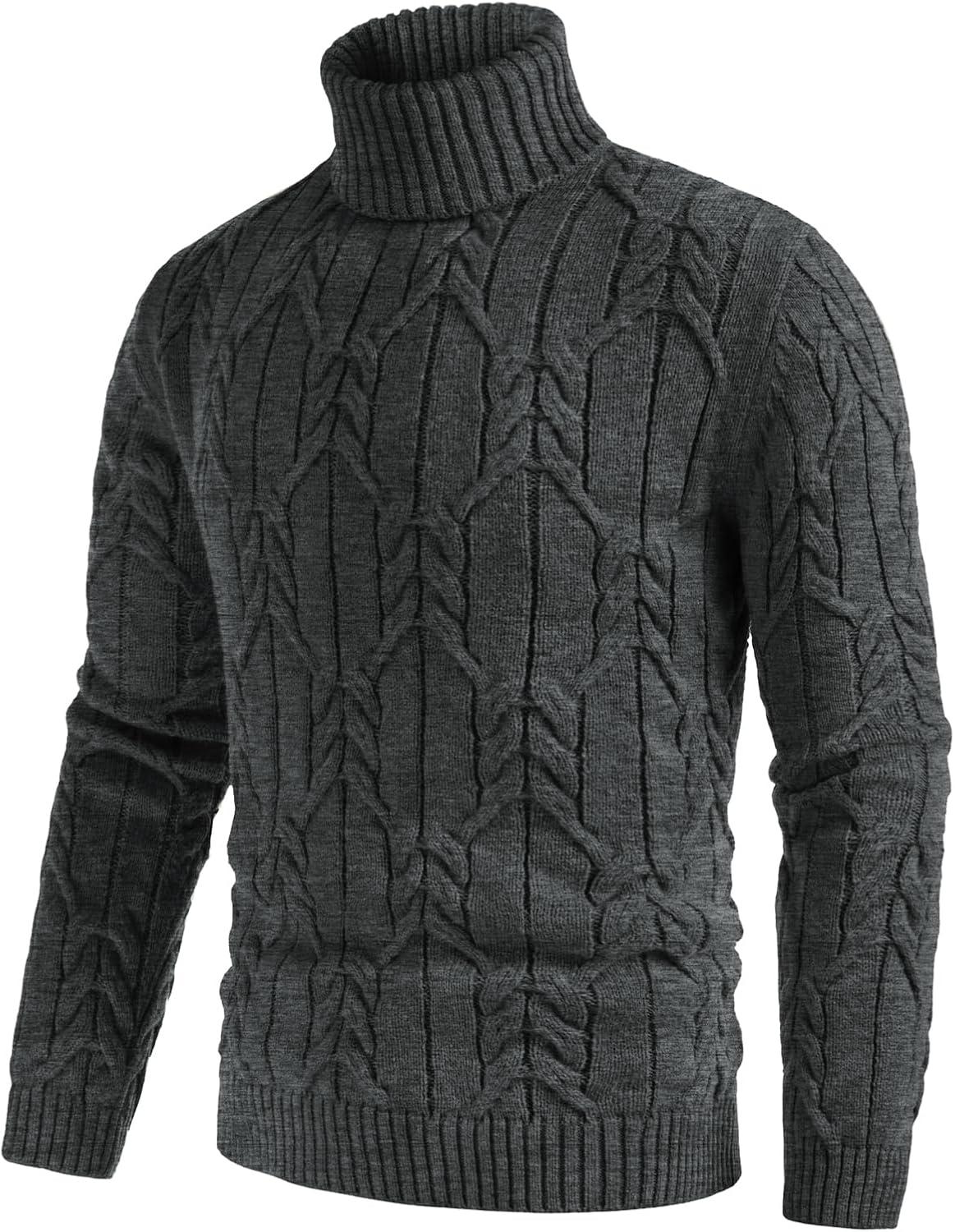 imageGRACE KARIN Men Turtleneck Sweater Long Sleeve Cable Knit Sweaters Slim Fit Mock Neck Twisted PulloverDark Gray
