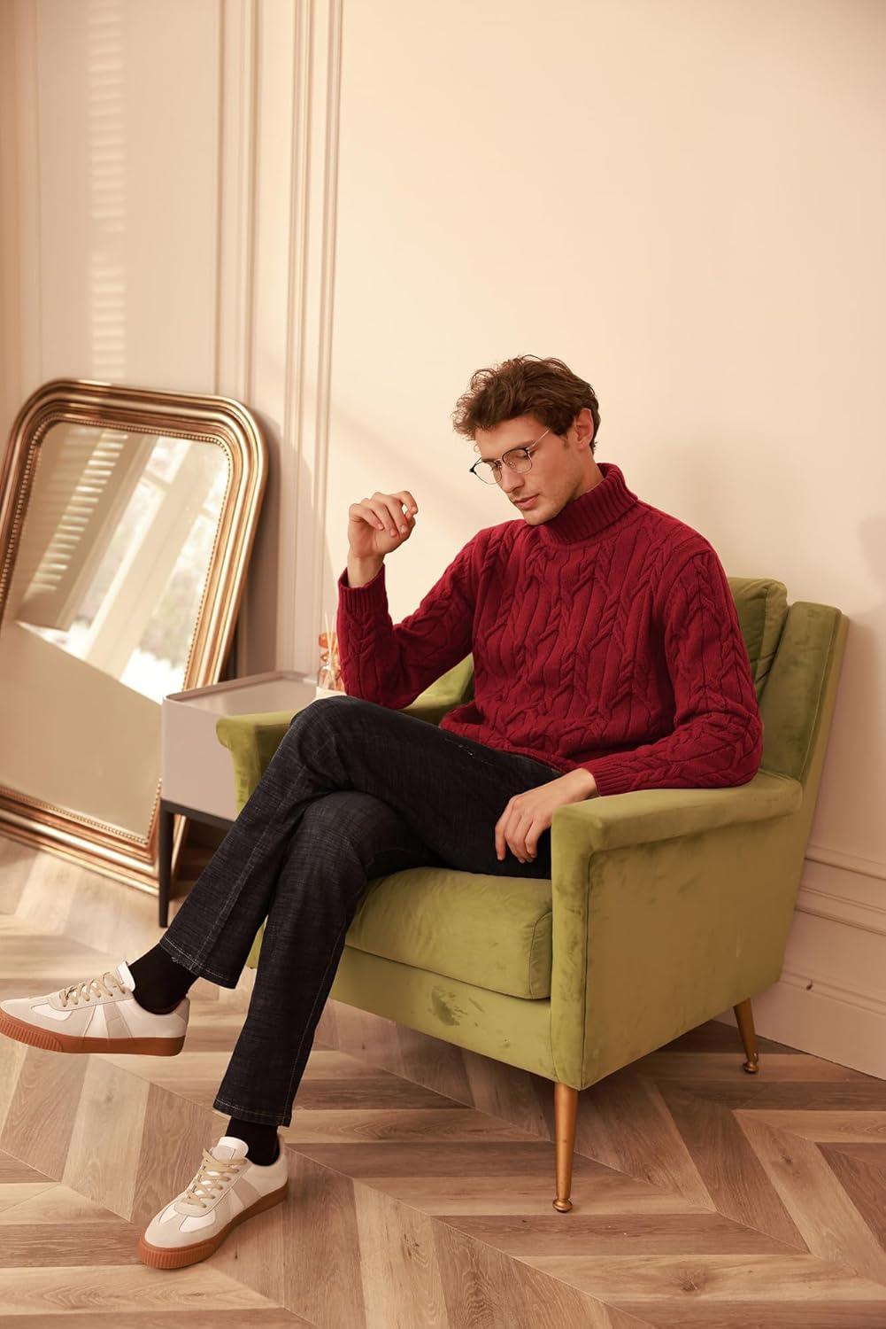 imageGRACE KARIN Men Turtleneck Sweater Long Sleeve Cable Knit Sweaters Slim Fit Mock Neck Twisted PulloverDark Red