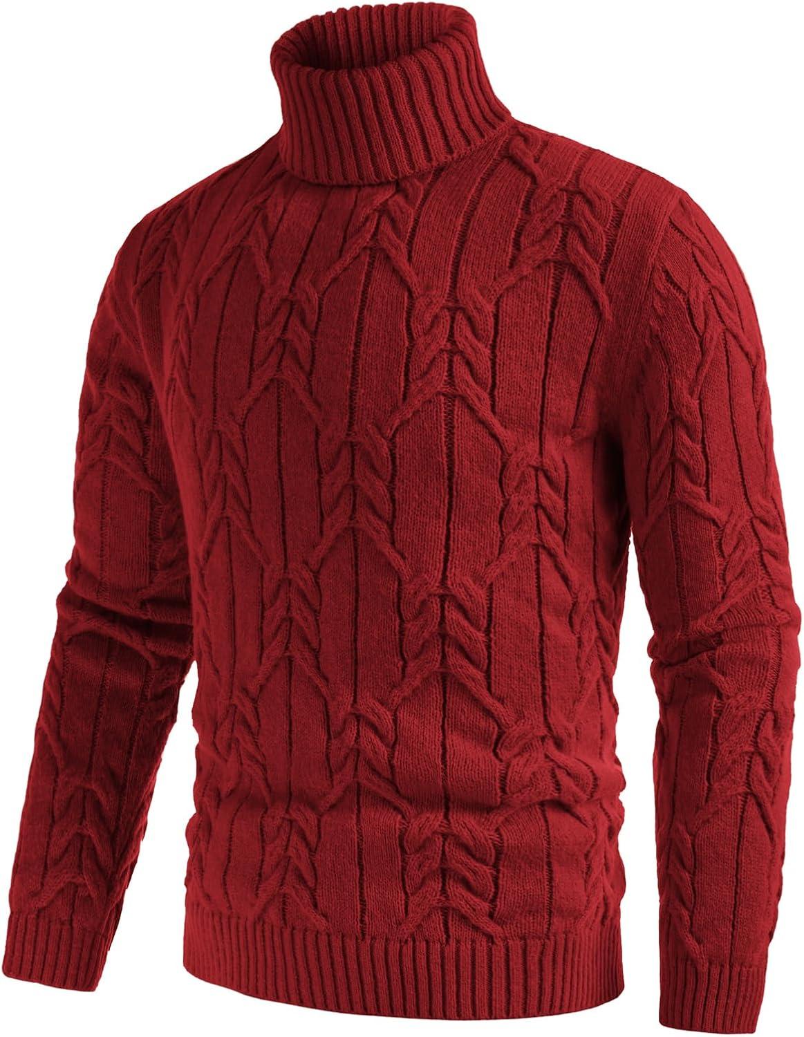imageGRACE KARIN Men Turtleneck Sweater Long Sleeve Cable Knit Sweaters Slim Fit Mock Neck Twisted PulloverDark Red