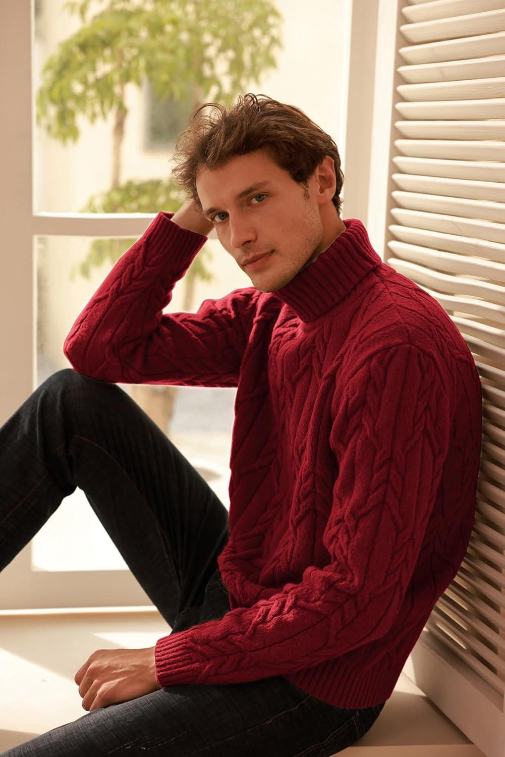 imageGRACE KARIN Men Turtleneck Sweater Long Sleeve Cable Knit Sweaters Slim Fit Mock Neck Twisted PulloverDark Red