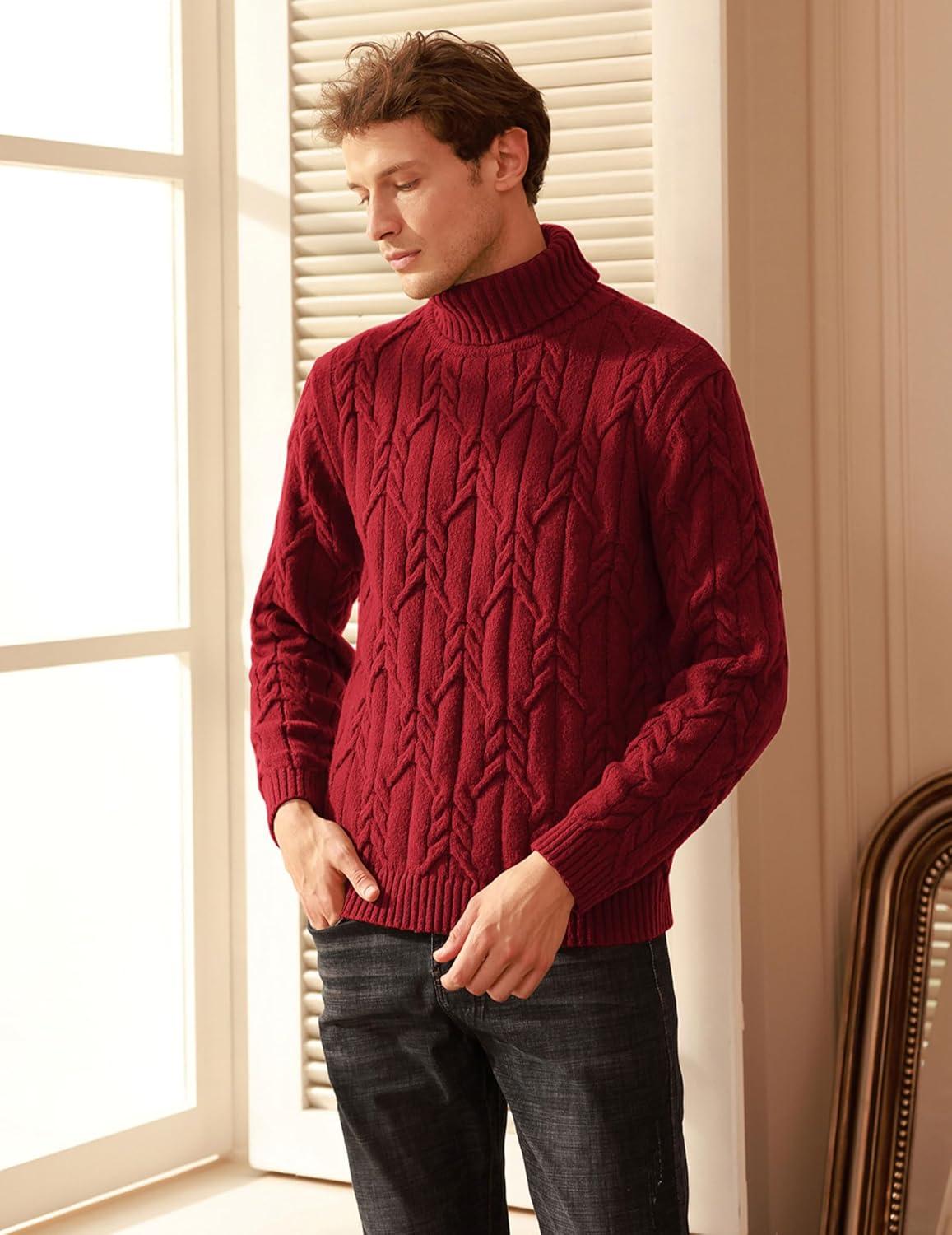 imageGRACE KARIN Men Turtleneck Sweater Long Sleeve Cable Knit Sweaters Slim Fit Mock Neck Twisted PulloverDark Red