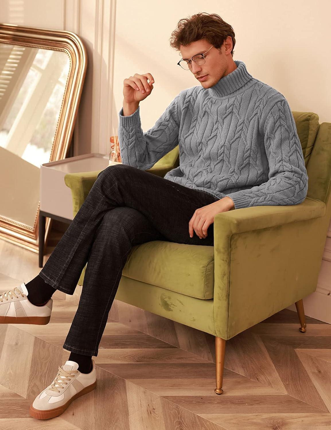 imageGRACE KARIN Men Turtleneck Sweater Long Sleeve Cable Knit Sweaters Slim Fit Mock Neck Twisted PulloverGrey Blue