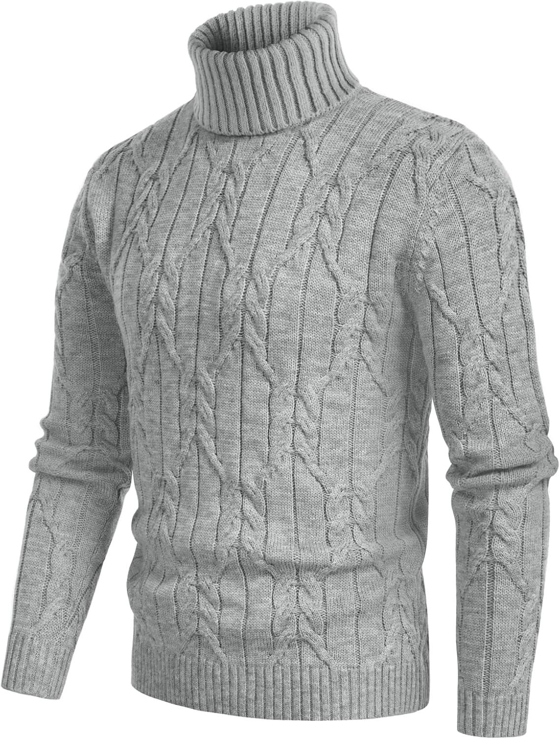 imageGRACE KARIN Men Turtleneck Sweater Long Sleeve Cable Knit Sweaters Slim Fit Mock Neck Twisted PulloverGrey Blue