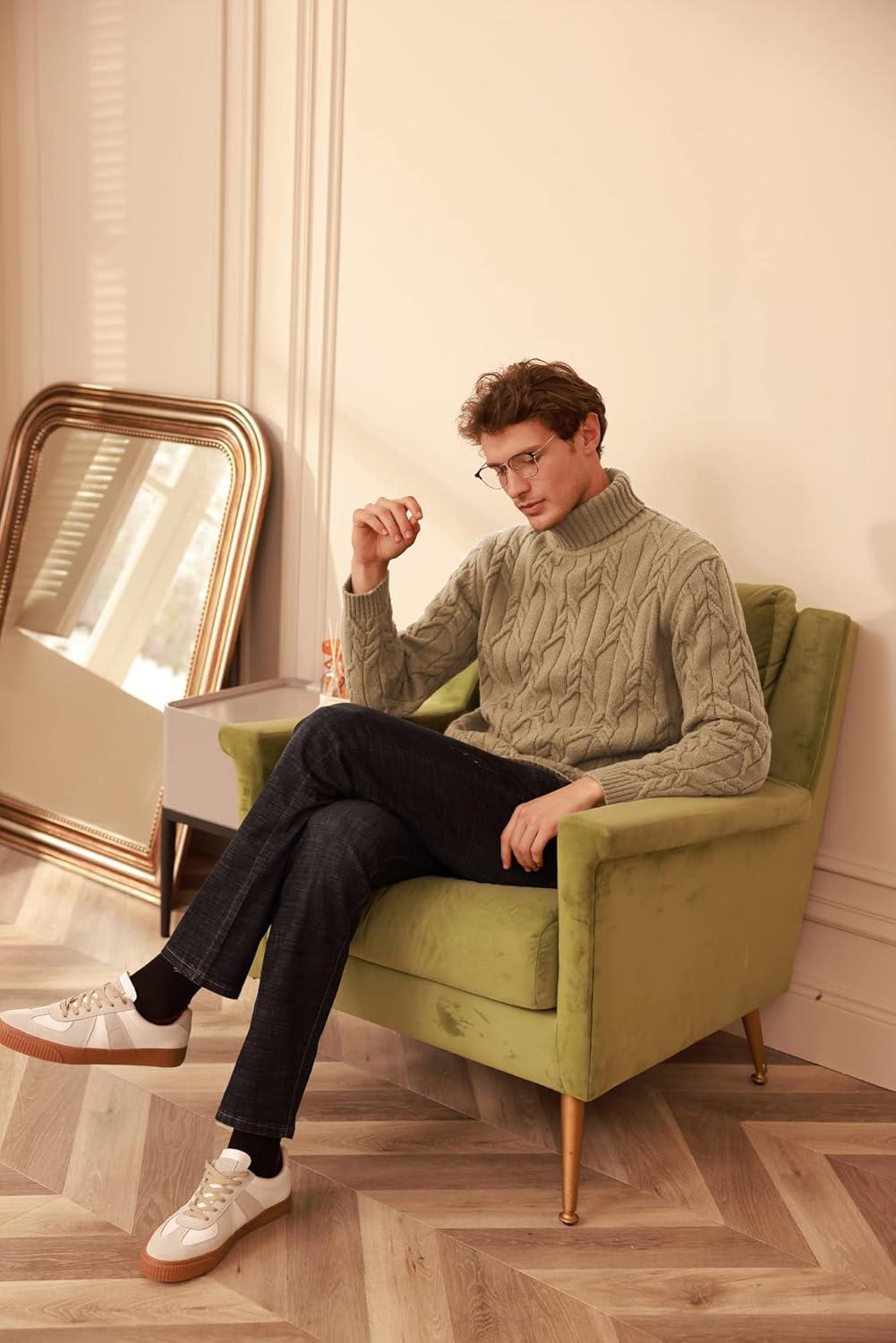 imageGRACE KARIN Men Turtleneck Sweater Long Sleeve Cable Knit Sweaters Slim Fit Mock Neck Twisted PulloverKhaki