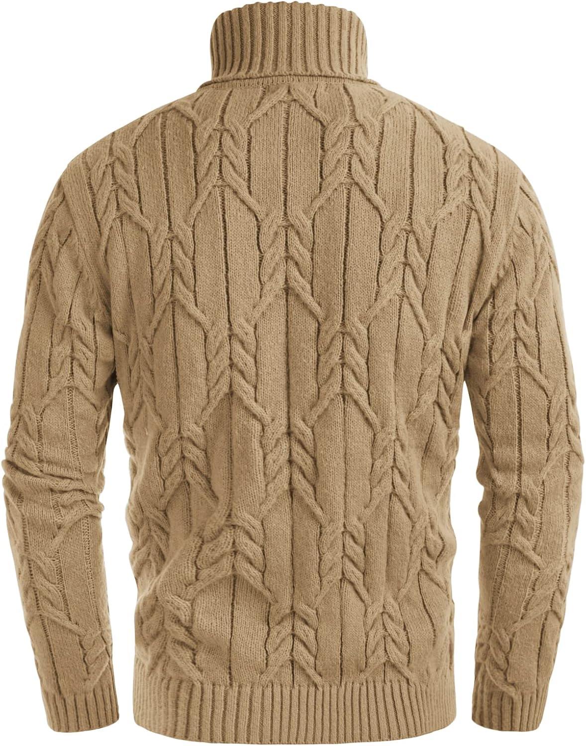 imageGRACE KARIN Men Turtleneck Sweater Long Sleeve Cable Knit Sweaters Slim Fit Mock Neck Twisted PulloverKhaki