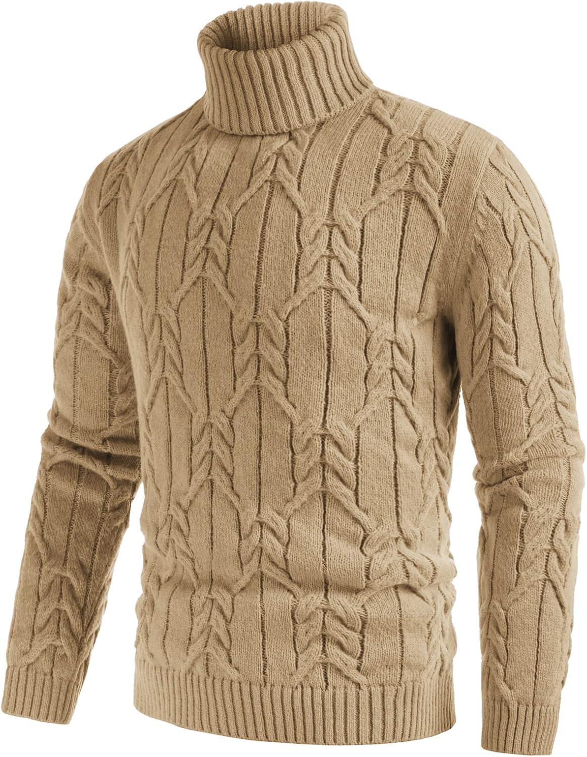 imageGRACE KARIN Men Turtleneck Sweater Long Sleeve Cable Knit Sweaters Slim Fit Mock Neck Twisted PulloverKhaki