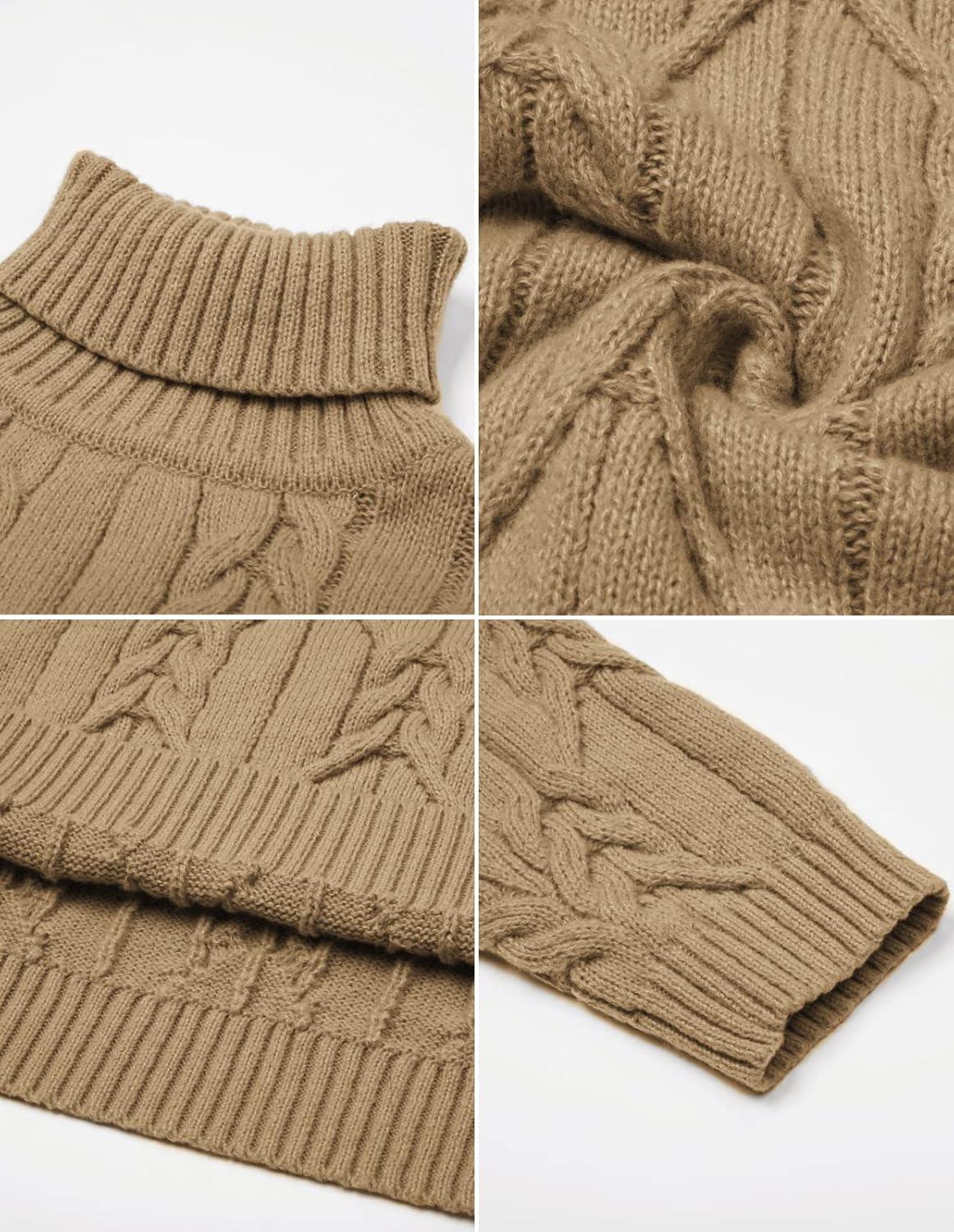 imageGRACE KARIN Men Turtleneck Sweater Long Sleeve Cable Knit Sweaters Slim Fit Mock Neck Twisted PulloverKhaki