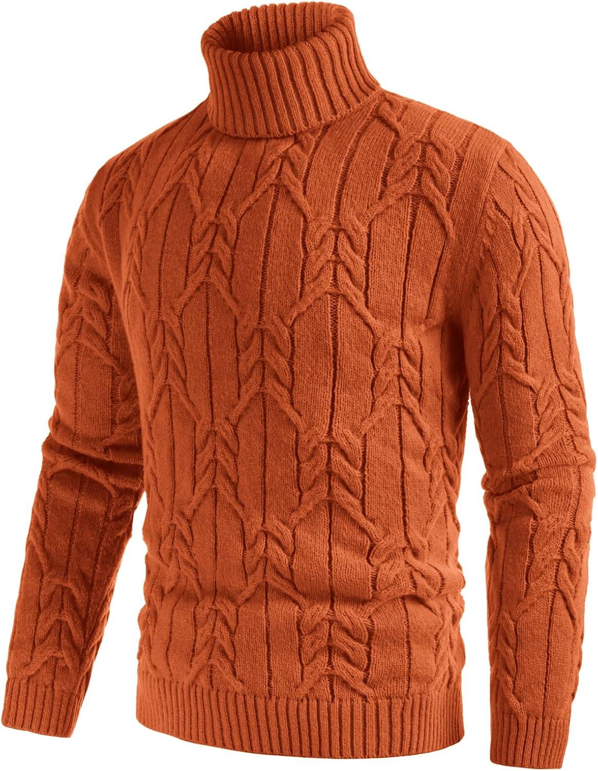 imageGRACE KARIN Men Turtleneck Sweater Long Sleeve Cable Knit Sweaters Slim Fit Mock Neck Twisted PulloverLight Rust Red
