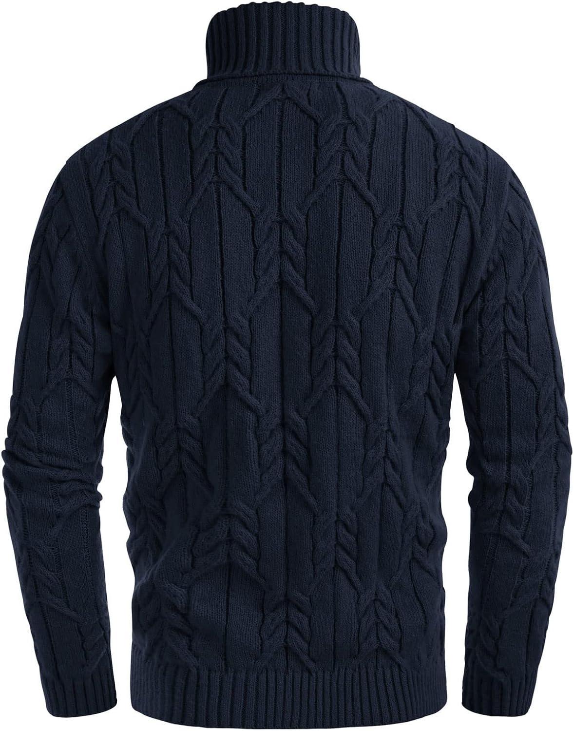 imageGRACE KARIN Men Turtleneck Sweater Long Sleeve Cable Knit Sweaters Slim Fit Mock Neck Twisted PulloverNavy