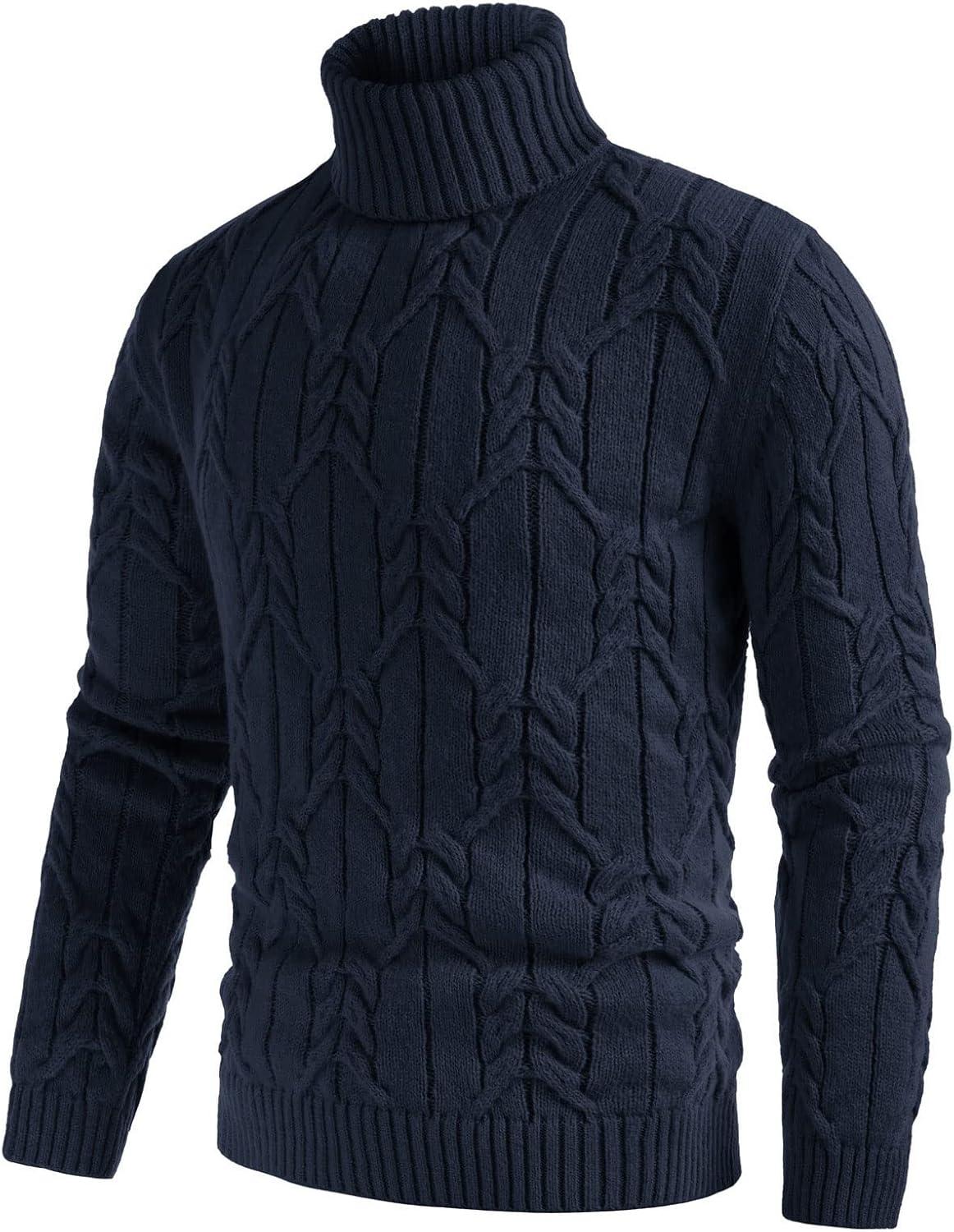 imageGRACE KARIN Men Turtleneck Sweater Long Sleeve Cable Knit Sweaters Slim Fit Mock Neck Twisted PulloverNavy