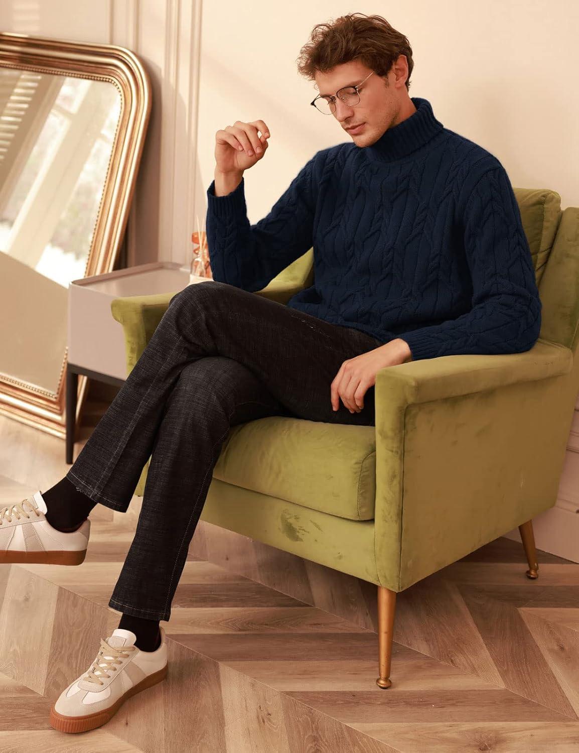 imageGRACE KARIN Men Turtleneck Sweater Long Sleeve Cable Knit Sweaters Slim Fit Mock Neck Twisted PulloverNavy
