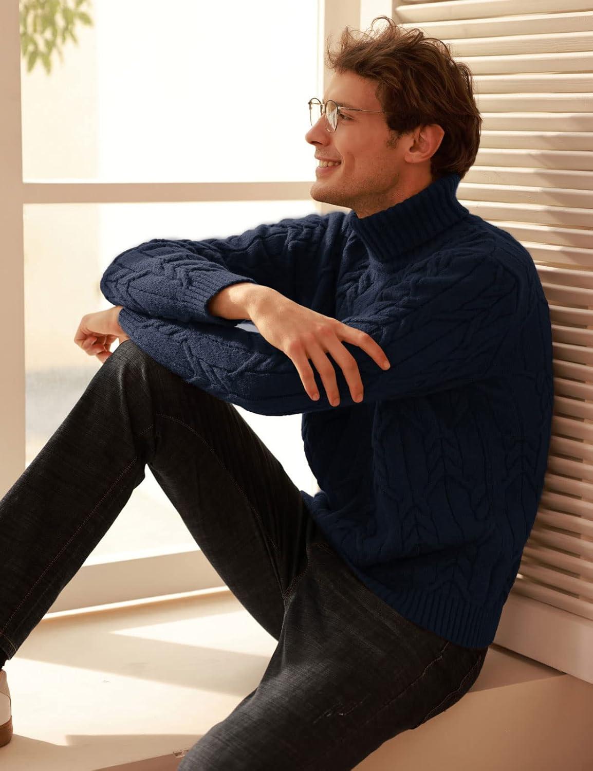 imageGRACE KARIN Men Turtleneck Sweater Long Sleeve Cable Knit Sweaters Slim Fit Mock Neck Twisted PulloverNavy