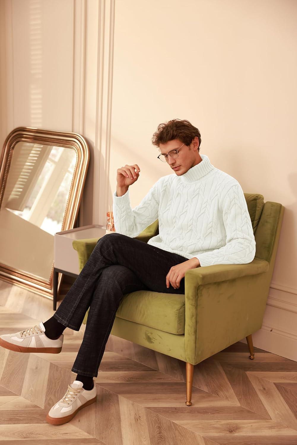 imageGRACE KARIN Men Turtleneck Sweater Long Sleeve Cable Knit Sweaters Slim Fit Mock Neck Twisted PulloverOffwhite