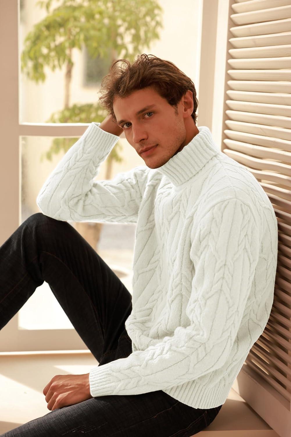 imageGRACE KARIN Men Turtleneck Sweater Long Sleeve Cable Knit Sweaters Slim Fit Mock Neck Twisted PulloverOffwhite