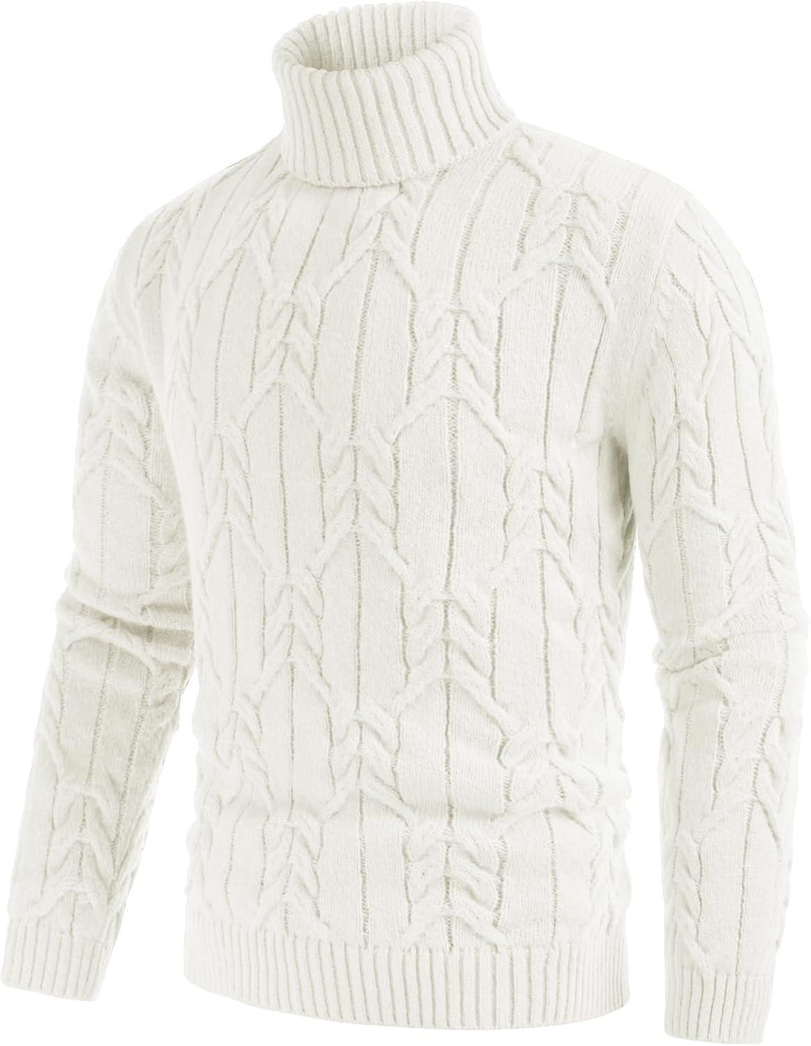 imageGRACE KARIN Men Turtleneck Sweater Long Sleeve Cable Knit Sweaters Slim Fit Mock Neck Twisted PulloverOffwhite