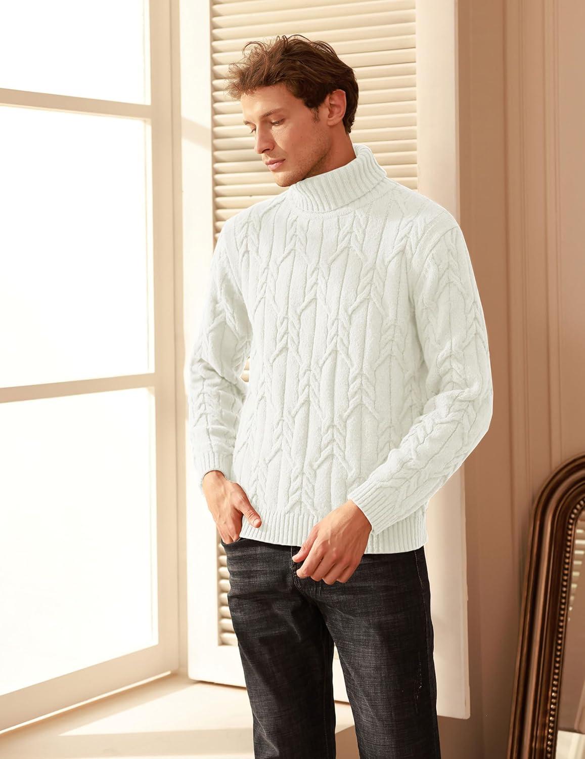 imageGRACE KARIN Men Turtleneck Sweater Long Sleeve Cable Knit Sweaters Slim Fit Mock Neck Twisted PulloverOffwhite