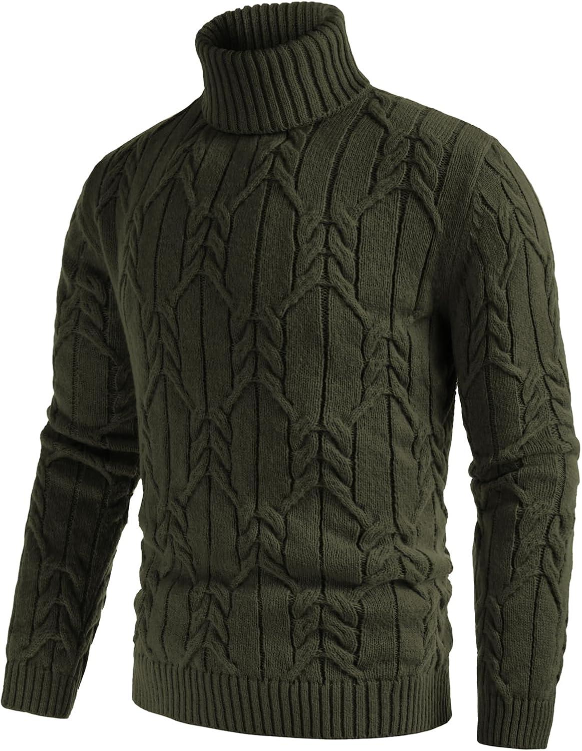 imageGRACE KARIN Men Turtleneck Sweater Long Sleeve Cable Knit Sweaters Slim Fit Mock Neck Twisted PulloverOlive Green