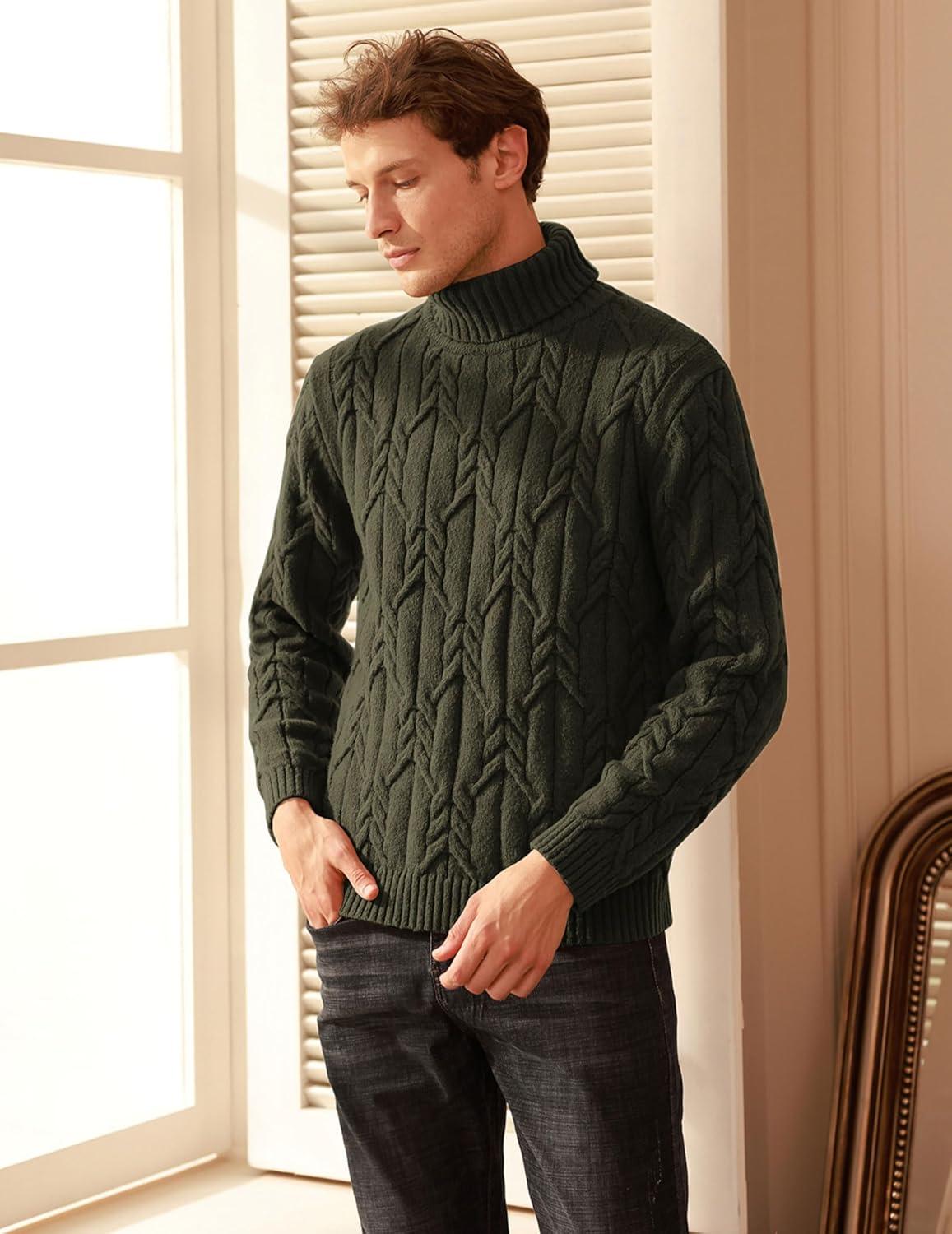 imageGRACE KARIN Men Turtleneck Sweater Long Sleeve Cable Knit Sweaters Slim Fit Mock Neck Twisted PulloverOlive Green