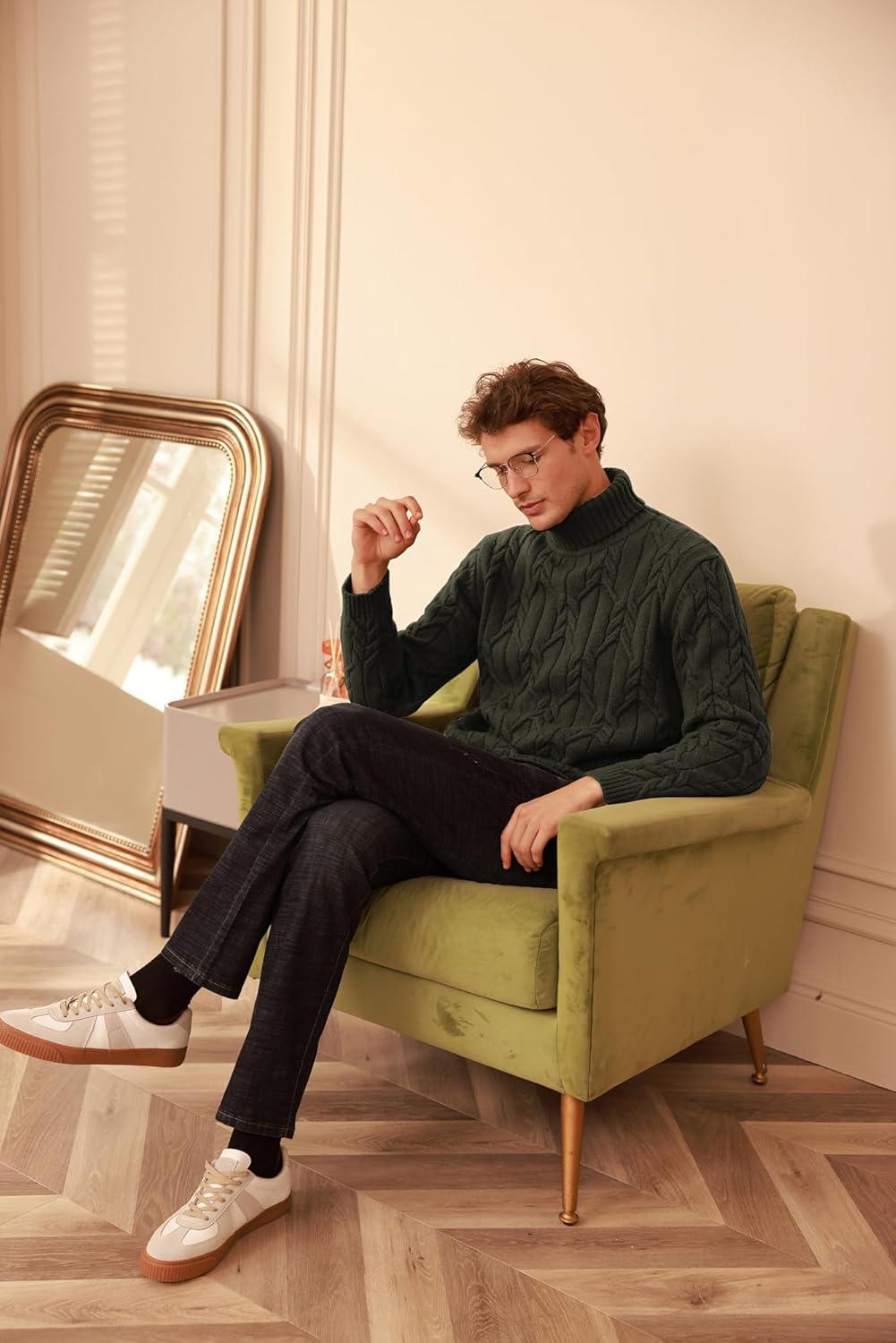 imageGRACE KARIN Men Turtleneck Sweater Long Sleeve Cable Knit Sweaters Slim Fit Mock Neck Twisted PulloverOlive Green