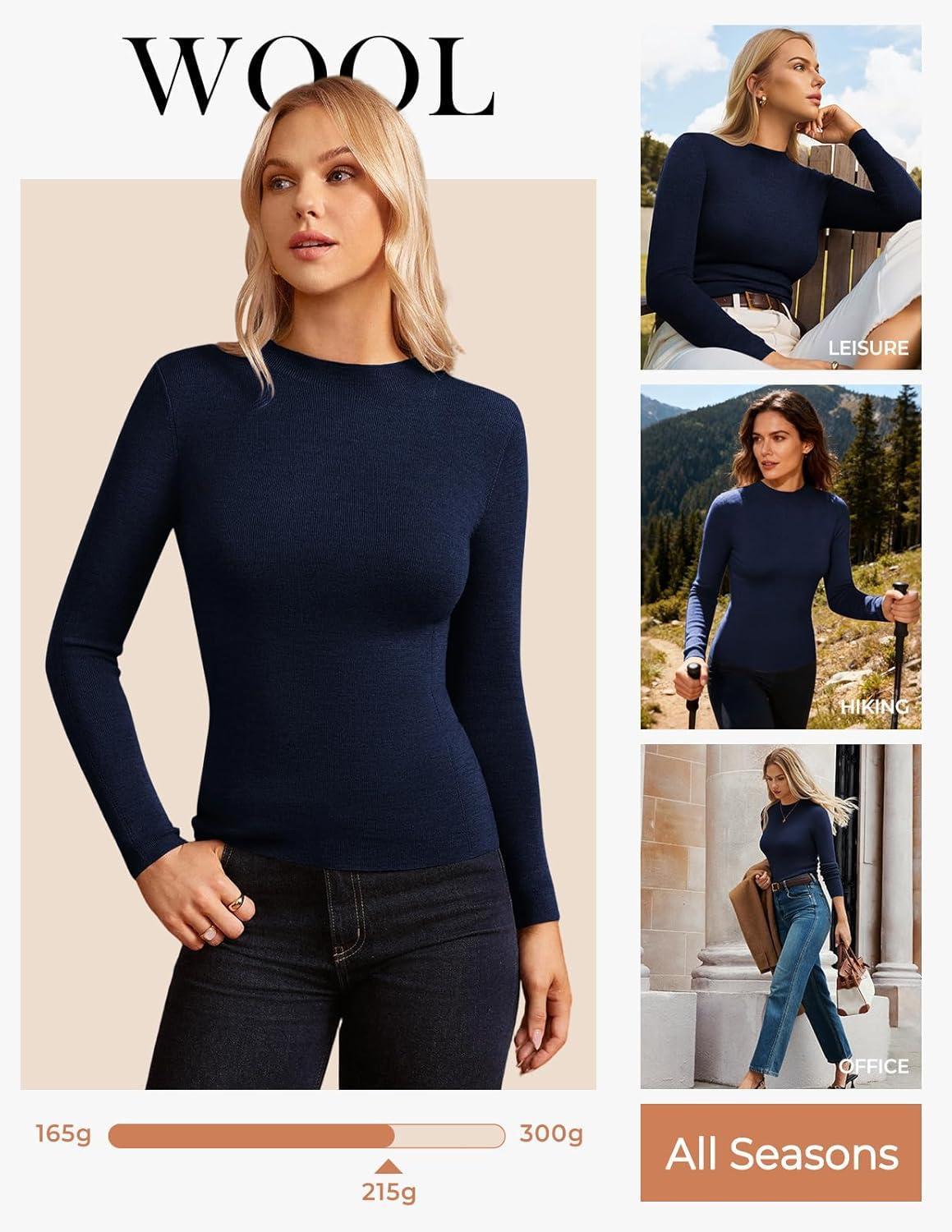 imageGRACE KARIN Merino Wool Sweaters for Women Mock Neck Base Layer Long Sleeve Soft Fitted Pullover SweaterNavy Blue