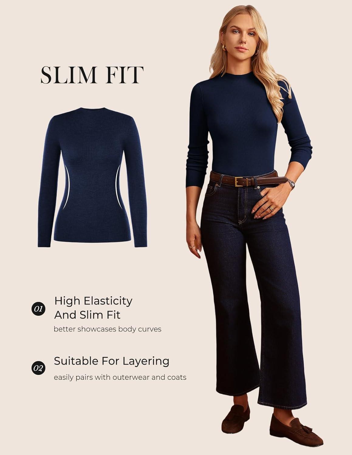 imageGRACE KARIN Merino Wool Sweaters for Women Mock Neck Base Layer Long Sleeve Soft Fitted Pullover SweaterNavy Blue