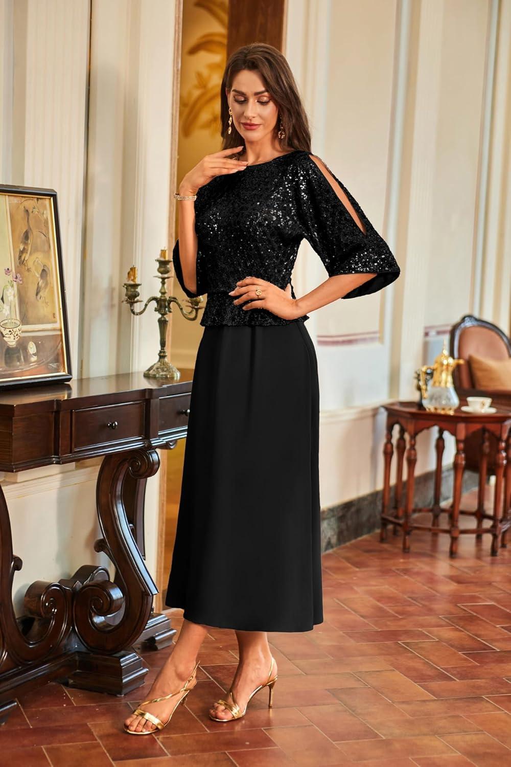 imageGRACE KARIN Mother of Bride Dresses 2025 34 Sleeve Sequin Dress Maxi Elegant Wedding Guest Dress Formal CocktailBlack
