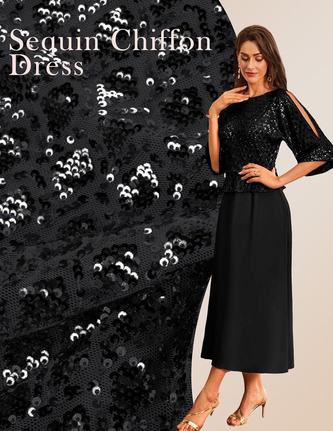 imageGRACE KARIN Mother of Bride Dresses 2025 34 Sleeve Sequin Dress Maxi Elegant Wedding Guest Dress Formal CocktailBlack