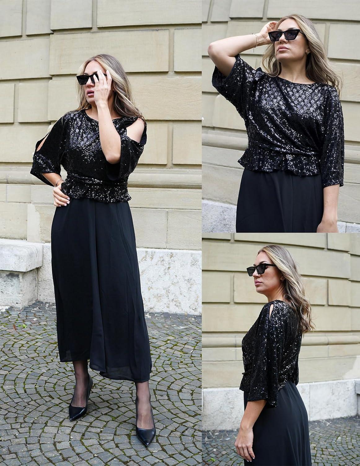 imageGRACE KARIN Mother of Bride Dresses 2025 34 Sleeve Sequin Dress Maxi Elegant Wedding Guest Dress Formal CocktailBlack
