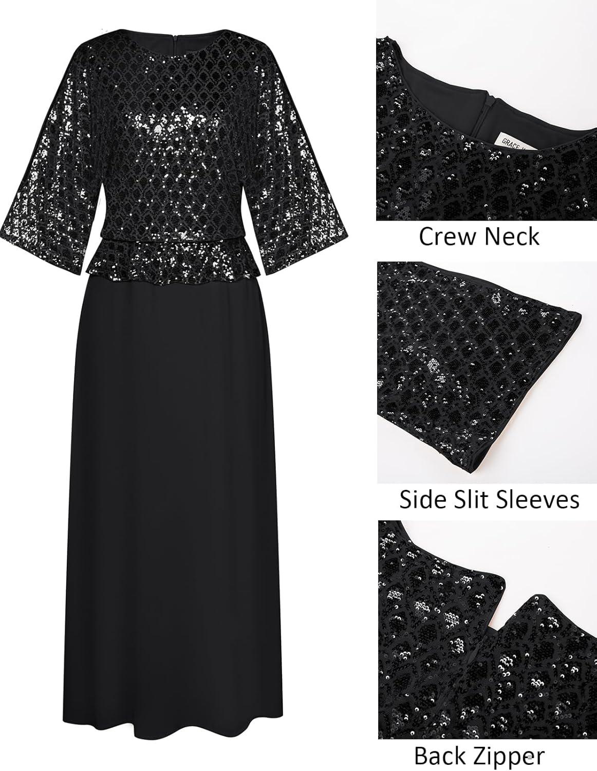 imageGRACE KARIN Mother of Bride Dresses 2025 34 Sleeve Sequin Dress Maxi Elegant Wedding Guest Dress Formal CocktailBlack